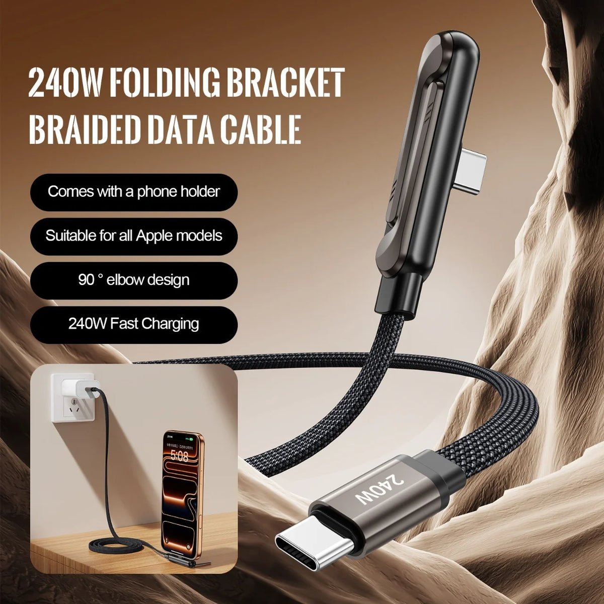 3/1pcs 240/65w Fast Charging Foldable Bracket Data Cable 2-in-1 Data Wire Foldable Phone Stand Type-C to Type-C /USB-A to Type-C