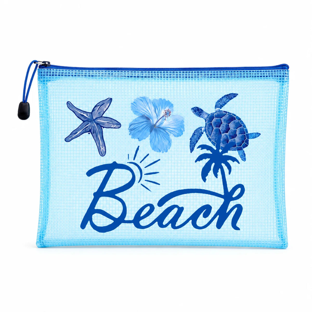 Blue Mesh Beach Pouch, Transparent Waterproof Zipper Travel Toiletry Bag for Women Swim Pool Vacation Organizer