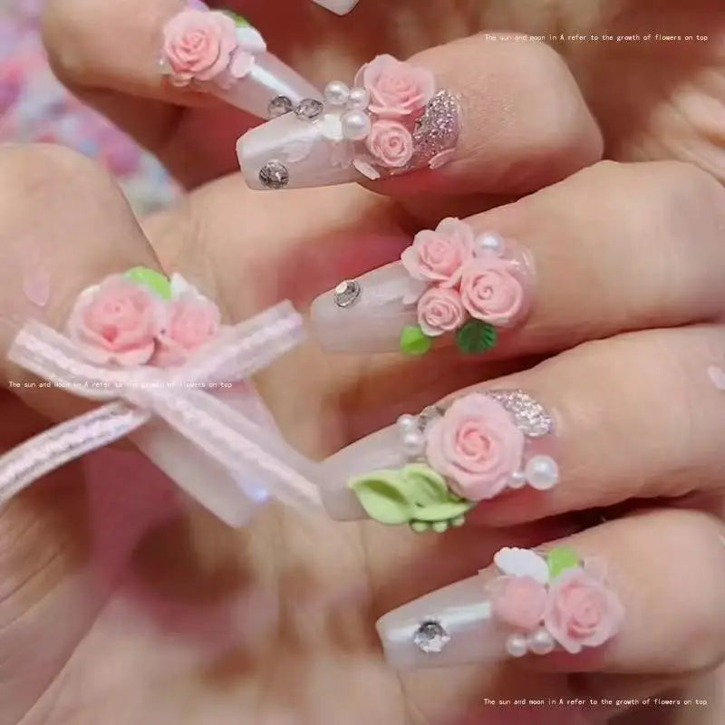20pcs Lace Bow &30pcs 3D Mixed Size Pearl Resin Flower Pink Rose Nail Charms Accessories Nail Art Luxury Decoratons Supplies