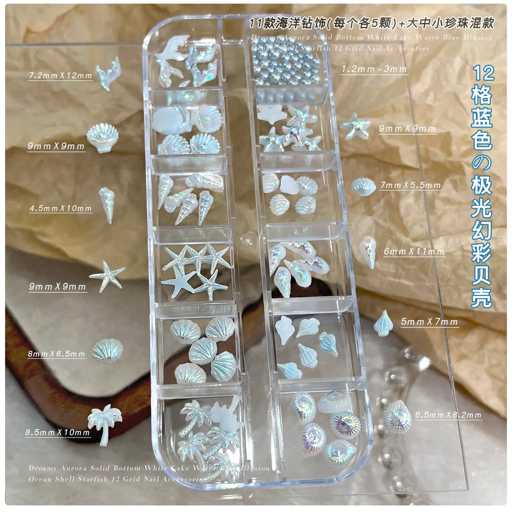 12 Grids Aurora AB White Blue Starfish Shell Conch Coconut Tree Pearl Nail Rhinestones Decorations Manicure Ocean Life Charms