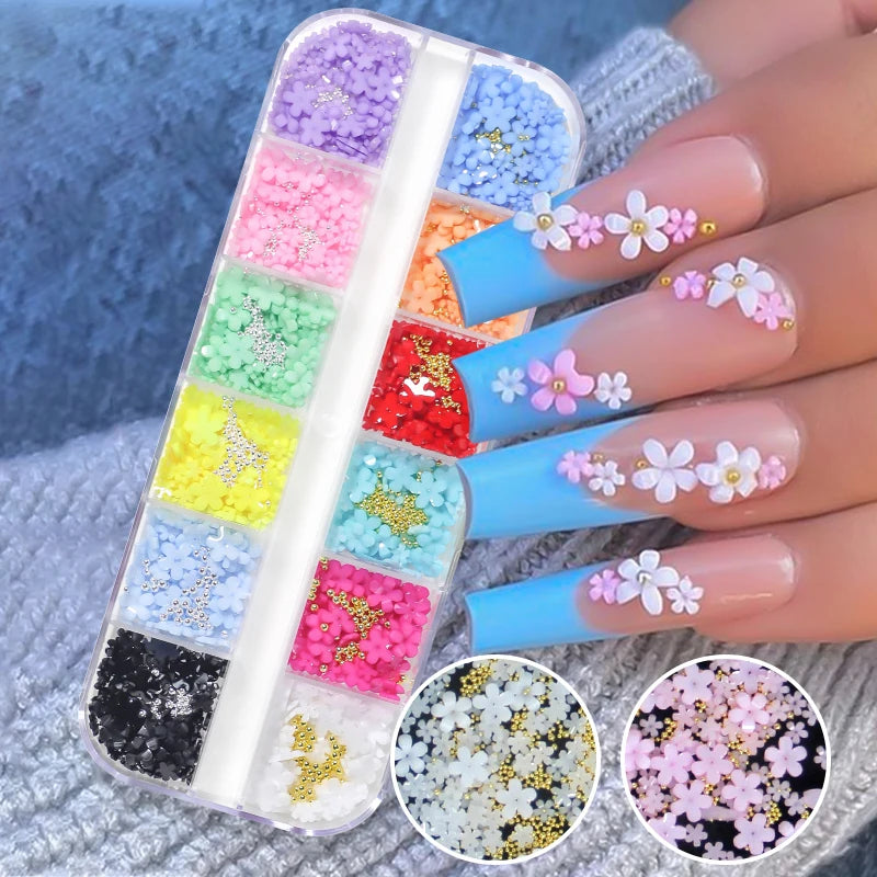 3D Acrylic Flowers Nail Charms Resin Five-petal Flowers Nail Art Decorations With Nail Ball Luxury Nail Rhinestones DIY Manicure
