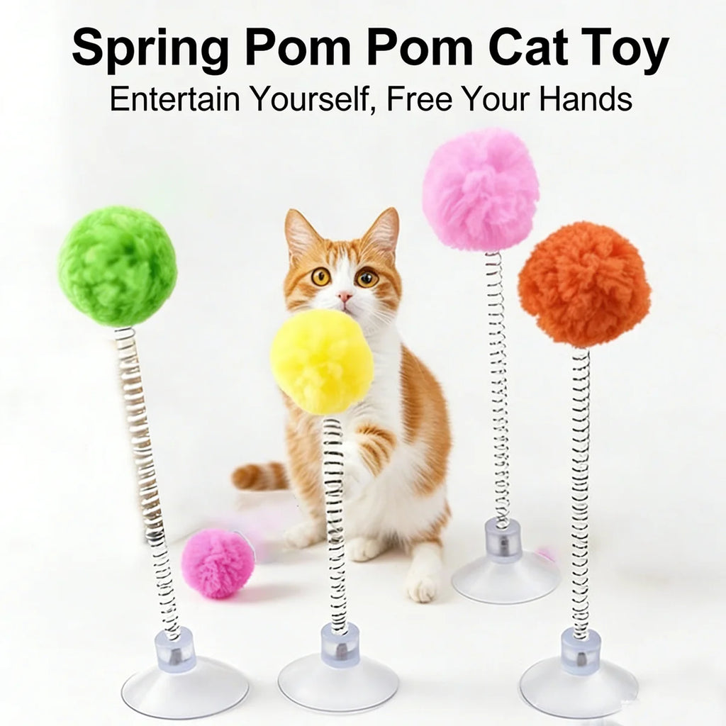 1 Pc Cat Fur Ball Spring Toy Suction Cup Pet Interactive Toy Fun-colored Cat Teaser Stick