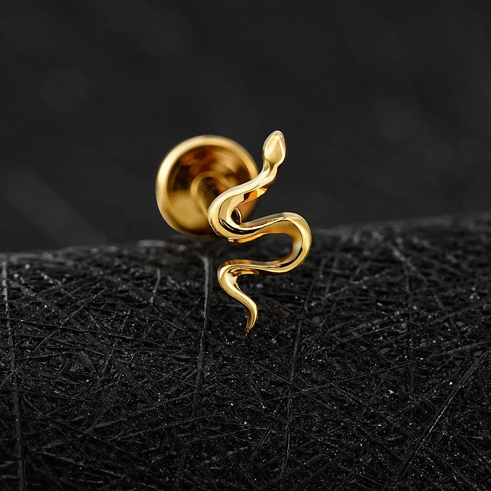 Right Grand ASTM F136 Titanium Mini Snake Cartilage Earring 16G Tiny Serpent Flat Back Labret Helix Tragus Stud Piercing Jewelry
