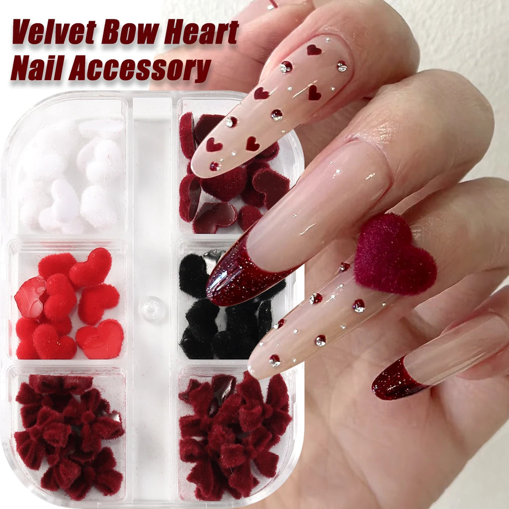 Valentine's Velvet Winter Wine Red Black Flocking Bow Design Nail Accessories DIY Bow Tie Heart Shape Nail Art Supplies Nail Art