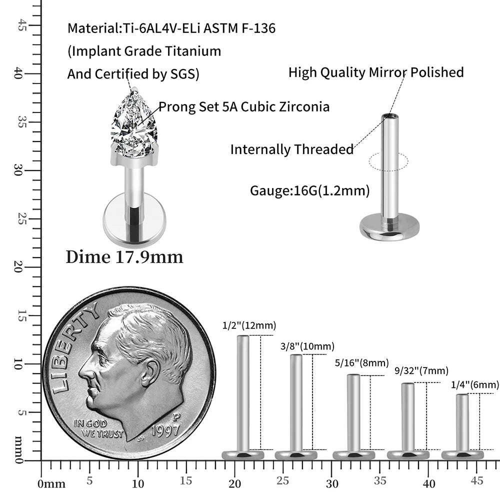 Right Grand ASTM F136 Titanium Teardrop CZ Cartilage Earring 16G Dainty Pear Forward Helix Stud Flatback Labret Piercing Jewelry