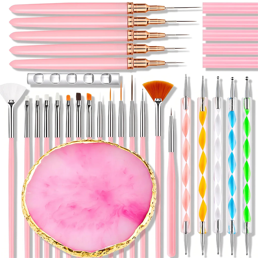 27-Piece Professional DIY Nail Art Brush Set, including nail art brushes/dotting tools/liner brushes/mixing palette/brush holder