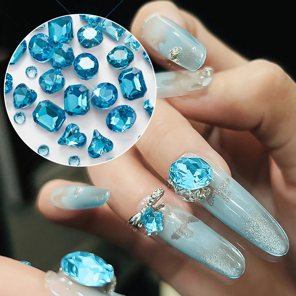 12Grids 3D Lake Blue Mixed Shape Nail Rhinestones Square/Round/Heart Glass Diamond Nail Art Charms Luxury Manicure Jewelry Gems