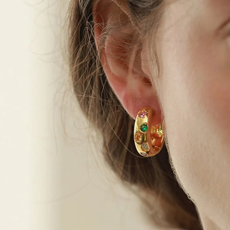 Elegant Colorful Zircon Hoop Earrings Piercing Woman Accesories 2025 Exquisite Round Stainless Steel Earrings Party Jewelry Gift