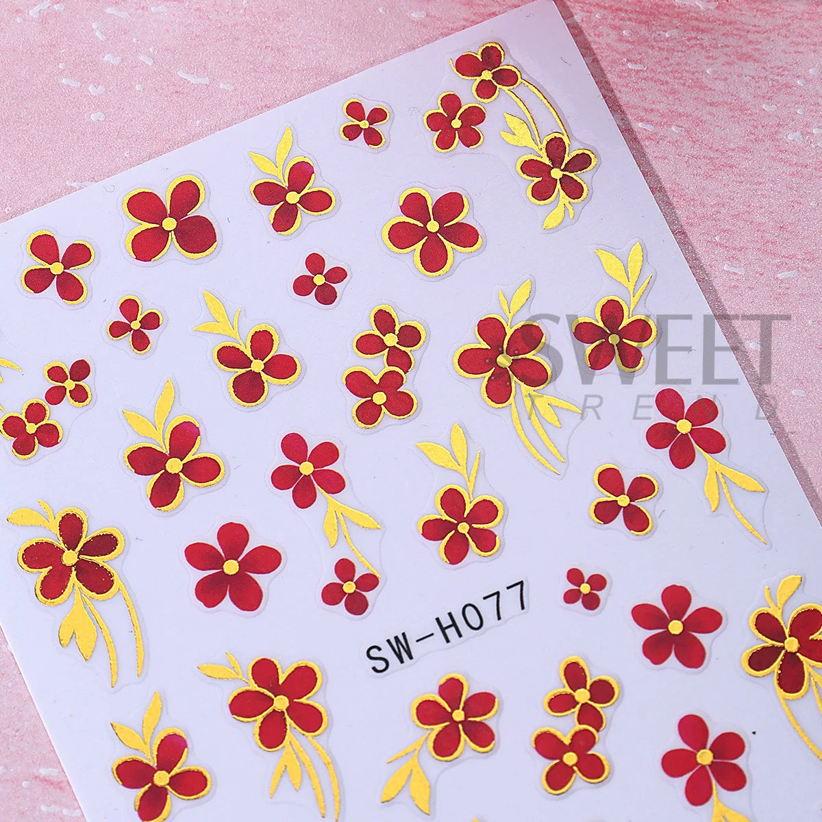 2pcs Bronzing Luxury Red Flowers Nail Stickers 3D Metallic Golden Line Vine Blooming Floral Adhesive Decals Manicure Foils Wraps
