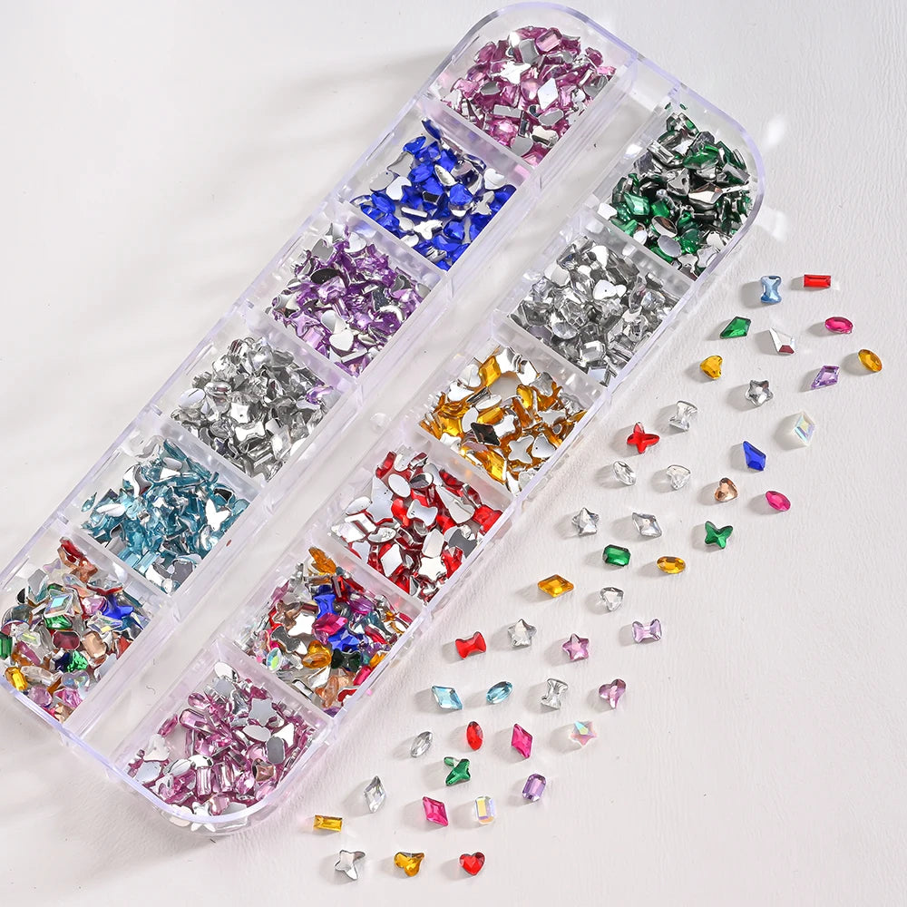 12Grids 3D Acrylic Flowers Nail Charms(with Steel Beads) Colorful Five-petal Flower Nail Art Decorations DIY Manicure Supplies &