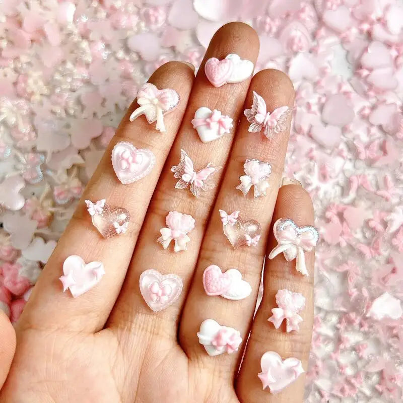 30PCS Double Heart Butterfly Pink Series Nail Art Charms Luminous Translucent Bow Four-pointed Star  Resin Nail Decorations DIY