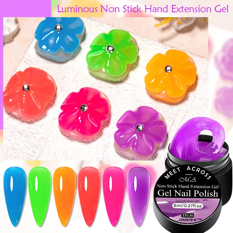 MEET ACROSS 8ml No Stick Hand Extension Gel Luminous Gel Nail Polish Bulider Gel Carving Flower Nail Art Shaping Acrylic Nail