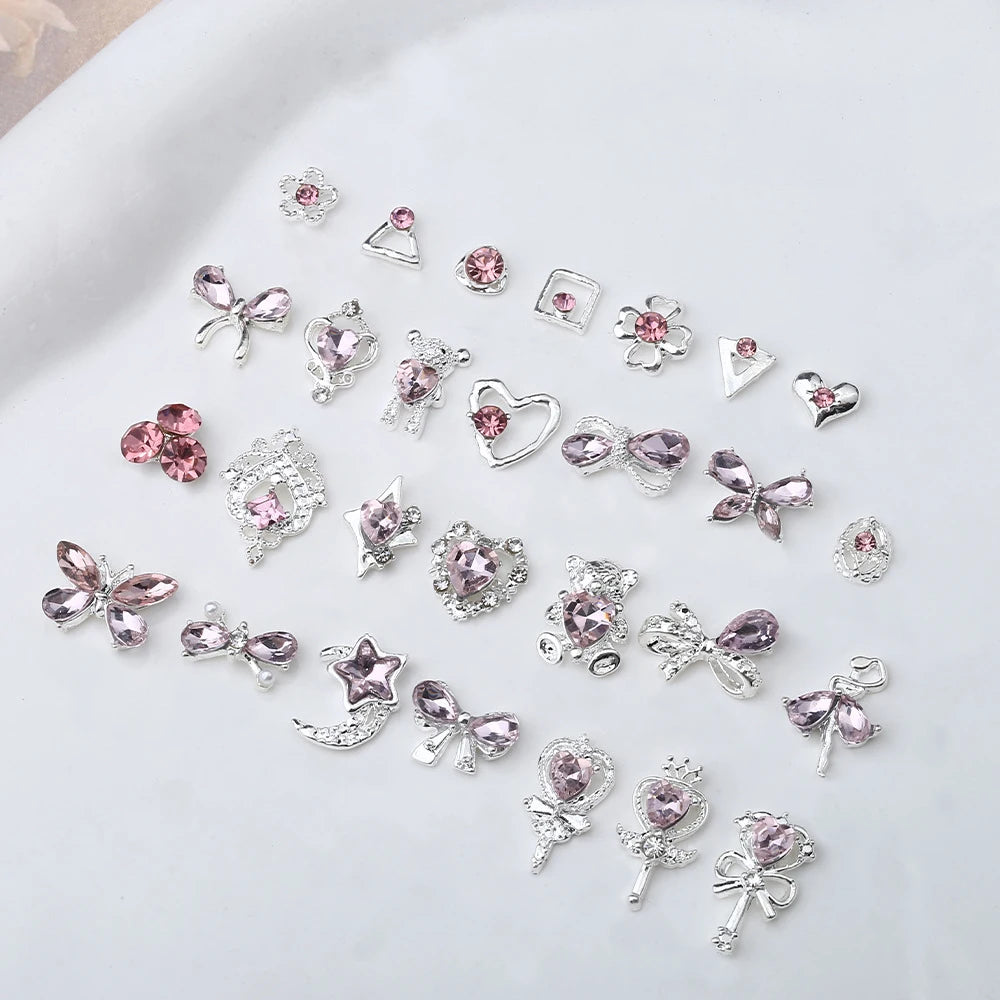 10Pcs Pink Alloy Collection Nail Art Charm 3D Shiny Diamond Crystal Gem Sliver Metal Nail Ornament DIY Exquisite Nail Decoration