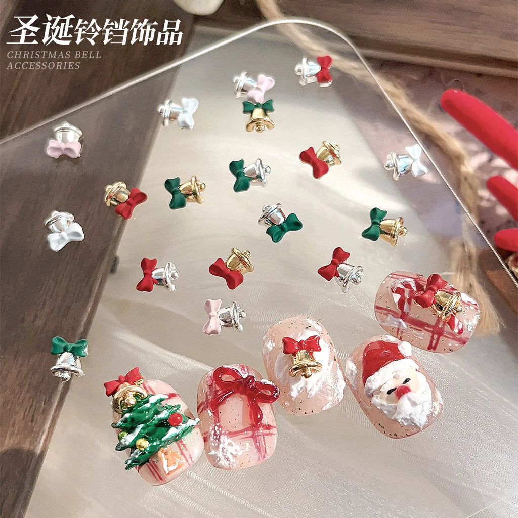 10pc 3D Christmas Bell Nail Art Charms Accessory Bow Gold and Silver Alloy Exquisite Bell Luxury Nails Decorations Supplies DIY
