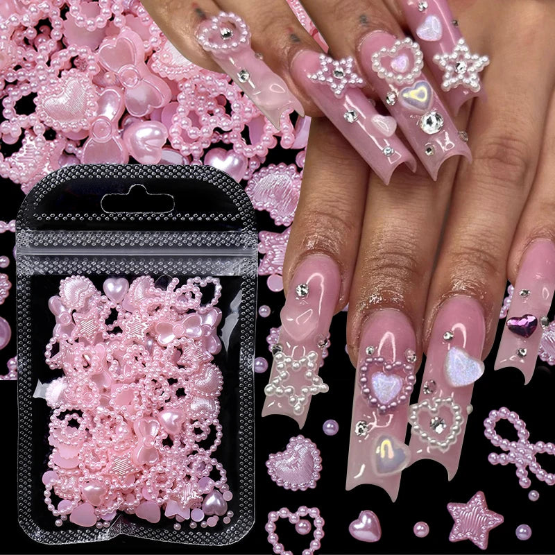 50Pcs Pearl Pink Bowknot Heart Shaped Mixed Nail Decorations Kawaii Nail Art Charms Star Butterfly DIY Nail Accessories