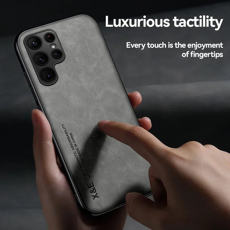 Luxury Leather Case For Samsung S26 S25 S24 S23 Ultra S25 FE A17 A16 A57 A56 A37 A36 5G Cover With Metal Plate Support Car Hold