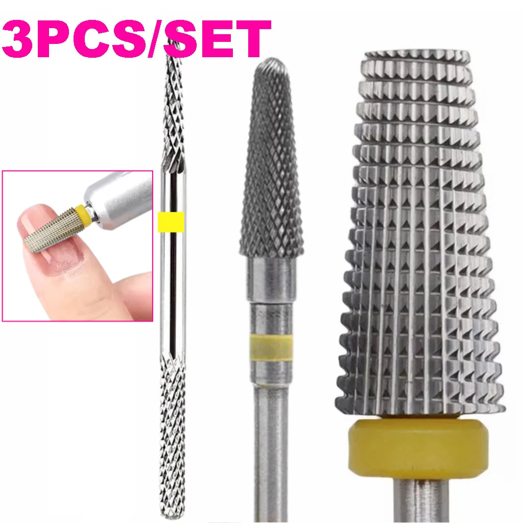 Kit 3 Professional Tungsten Drill Bits Gel Nail Porcelain Nail Art Drill Conical Needle Leveling Finishing Gel Motion