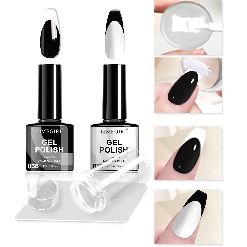 LIMEGIRL 8ml Nail UV Gel Polish Kit With Stamping for Nails French Design Black White Soak Off UV Gel Polish Varnish Manicure