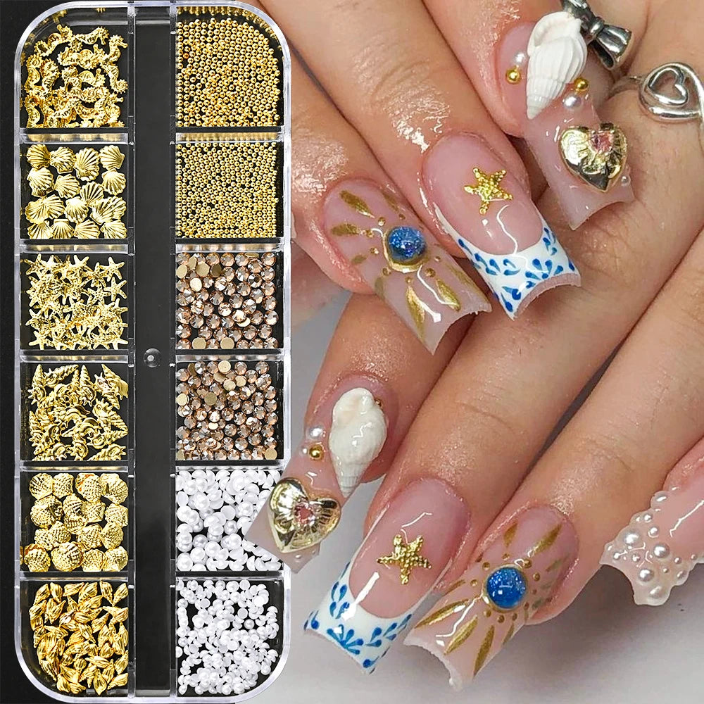 12Grids Ocean Gold Nail Art Charms Shell/Seahorse/Starfish White Half Round Pearl Gems 3D Mixed Punk Manicure Metal Rivets Studs