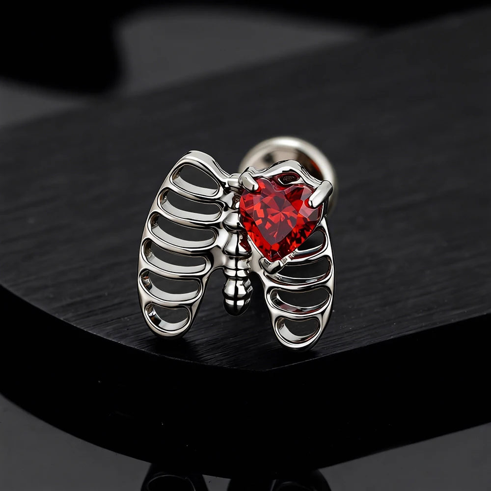 Right Grand ASTM F136 Titanium Heart CZ Rib Cage Cartilage Earring 16G Gothic Skeleton Helix Labret Stud Nose Piercing Jewelry