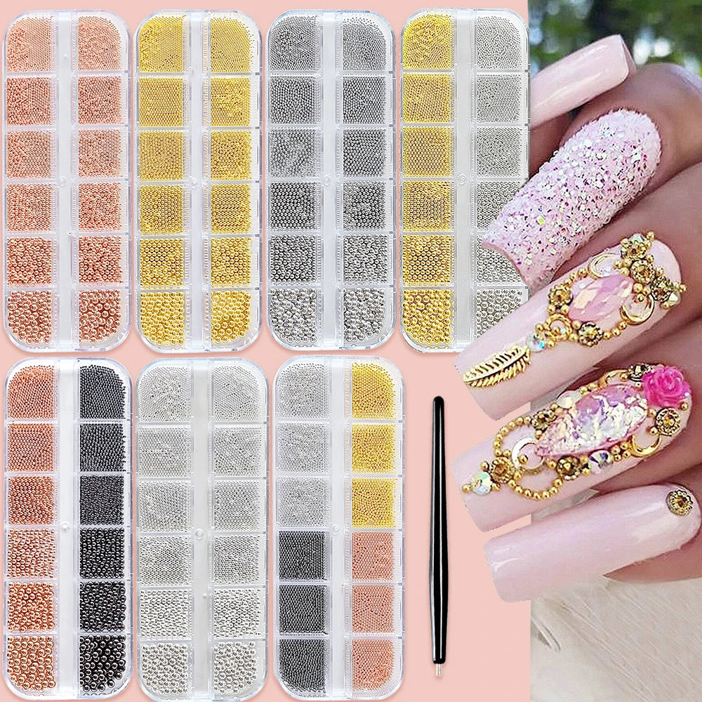 12Grids Gold/Silver Steel Beads Nail Art Charms Christmas Mixed-Size Caviar Bead With 1 Magnetic Pen Manicure Decor Rhinestones