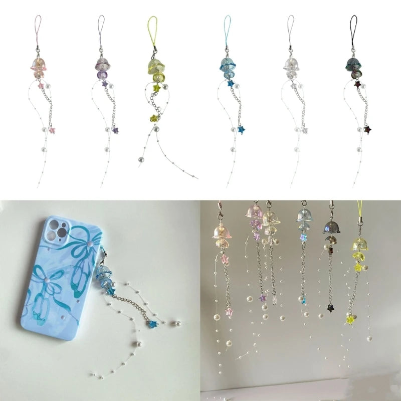Phone Charm Strap Keychain Kawaii-Cute Crystal Jellyfish Pendant  Phone Chain Bowknot Phone Charm Keycord for  iPhone Camera Bag