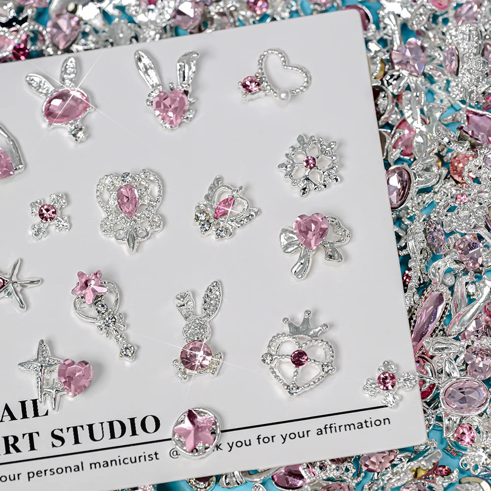 30pcs Mixed Set Golden Alloy Rabbit Nail Decoration Five-Pointed Star Heart Pink Diamond Nail Charms Metal Bow Nail Rhinestones