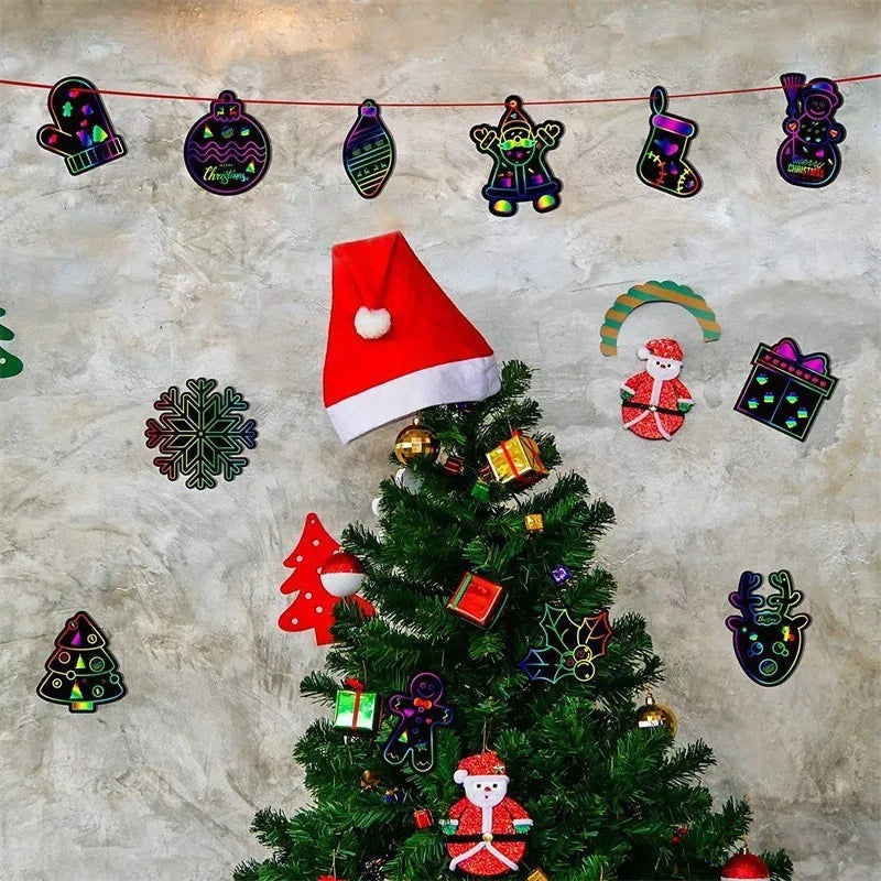12/24pcs Rainbow Scratch Art Paper - DIY Christmas Ornaments & Party Favors - Tree Pattern, Best for Christmas