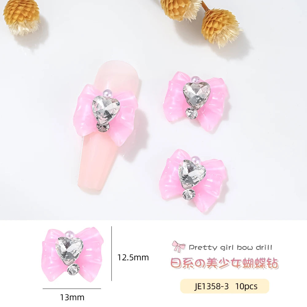 10pcs Resin Bowknots Glass Heart Diamonds Nail Charms Shiny Cute Bowknots Japanese Nail Jewelry Women Nail Art Decor Accessories