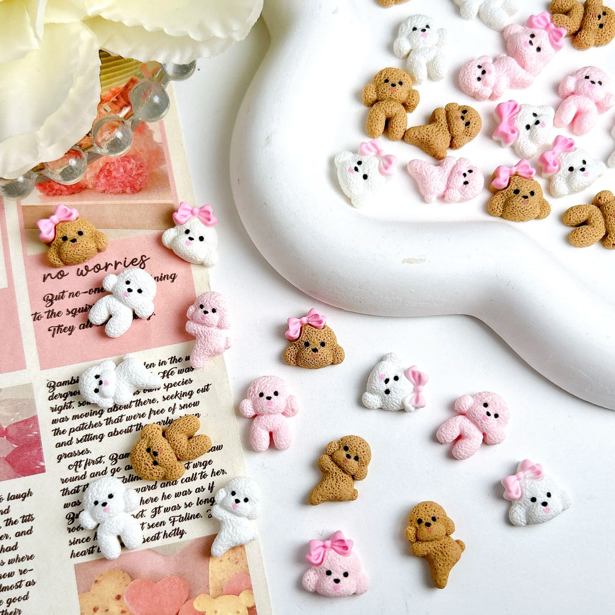 30PCS Cartoon Solid Color Bow Small Dog Nail Charms 3D Kawaii Creative Hole Puppy Nail Art Decorations for DIY Manicure Supplies