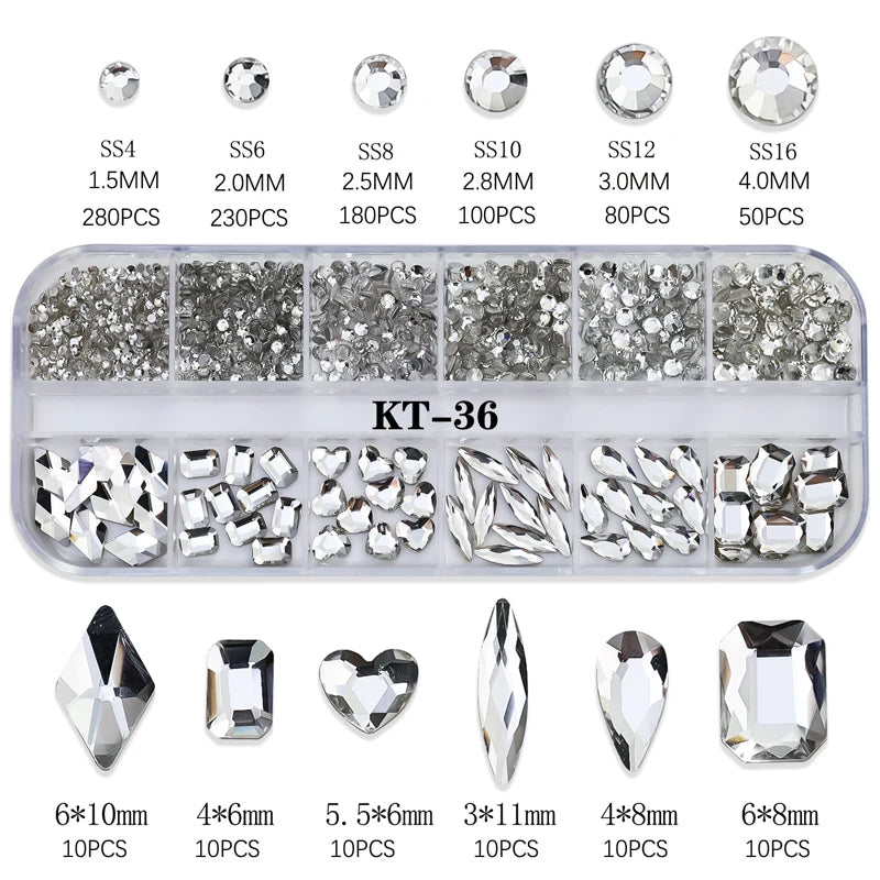 12 Grids Hot Selling Rhinestones Nail Art Charms 3D Set Multi-shapes Colorful Flatback Diamonds Nail Decoration DIY Nail Parts