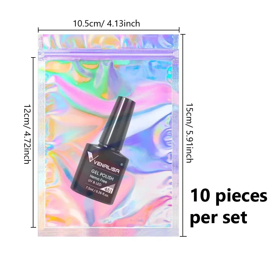 10Pcs Holographic Foil Resealable Zip Bags for Nail Rhinestones Jewelry Makeup Gel Polish Packaging Gift Pouch