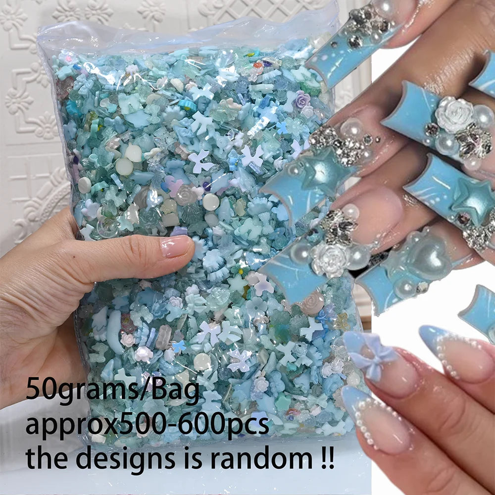 50g/Bag Random Blue Mixed Bow/Flower Nail Art Charms 500-600pcs  Resin Camellia/Bowknot Nails Decoration DIY Manicure Accessorie