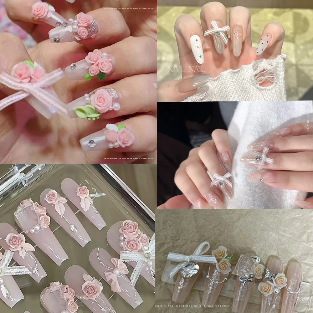 20pcs Lace Bow &30pcs 3D Mixed Size Pearl Resin Flower Pink Rose Nail Charms Accessories Nail Art Luxury Decoratons Supplies