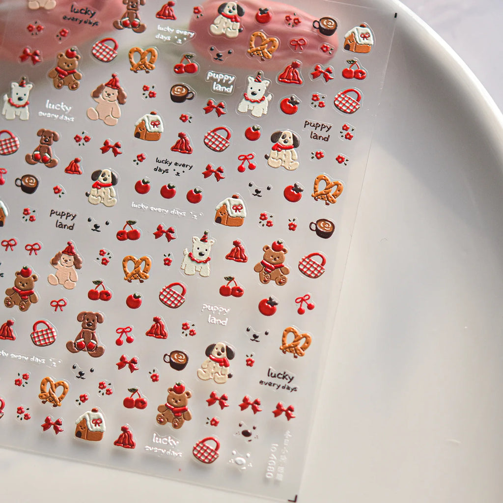 Embossed Nail Stickers Mini Christmas Tree Snowflake Cute Cartoon Bear Puppy Cat Back Glue Nail Accessories 3D Decrations Decals