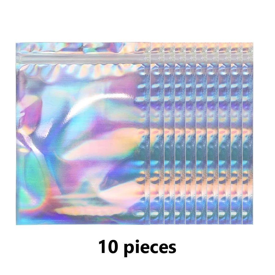 10Pcs Holographic Foil Resealable Zip Bags for Nail Rhinestones Jewelry Makeup Gel Polish Packaging Gift Pouch