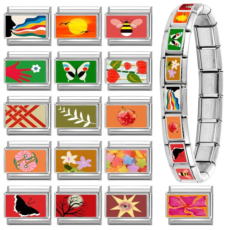 New Y2K Colorful Star Oil painting Eyes Bee Birds Italian Charm Link fit 9mm Stainless Steel Jewelry DIY Making Bracelets Gifts