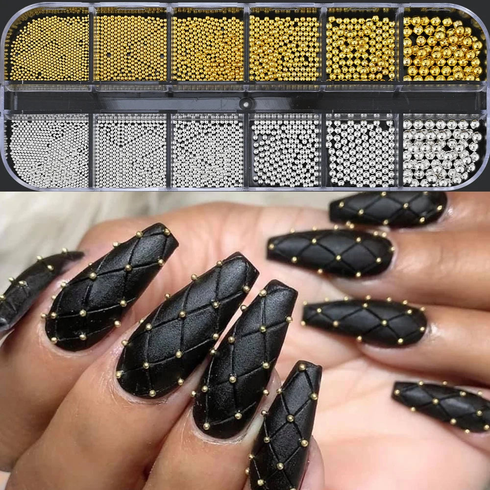 12Grids Gold/Silver Steel Beads Nail Art Charms Christmas Mixed-Size Caviar Bead With 1 Magnetic Pen Manicure Decor Rhinestones