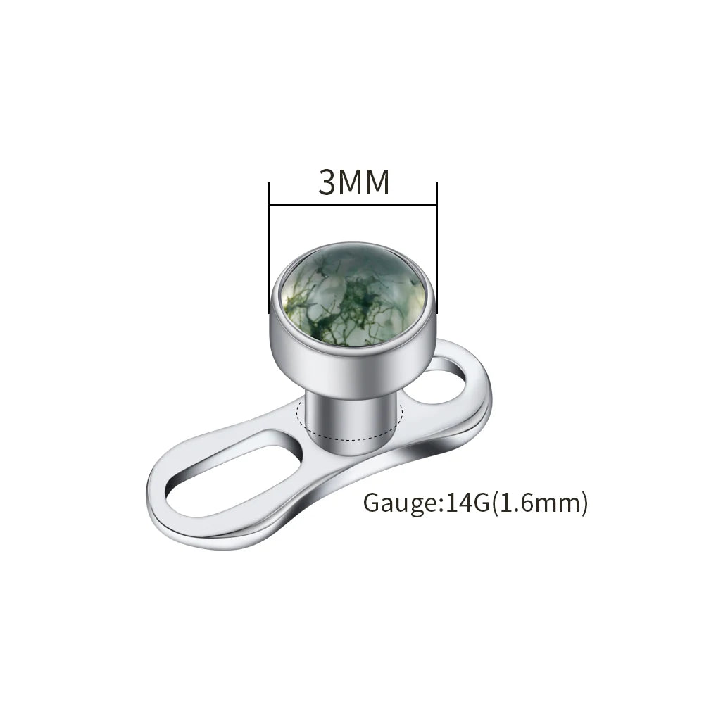 Right Grand ASTM F136 Titanium 14G Dermal Anchor Top with Natural Green Moss Agate Base Microdermal Piercing Body Jewelry