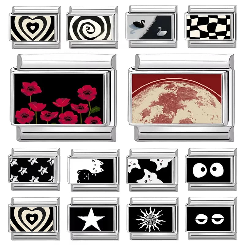 Y2K Red Flowers Moon Black Heart Eyes Star Sun Cat Italian Charm Fit 9mm Stainless Steel Women Fashion Bracelet DIY Jewelry Gift