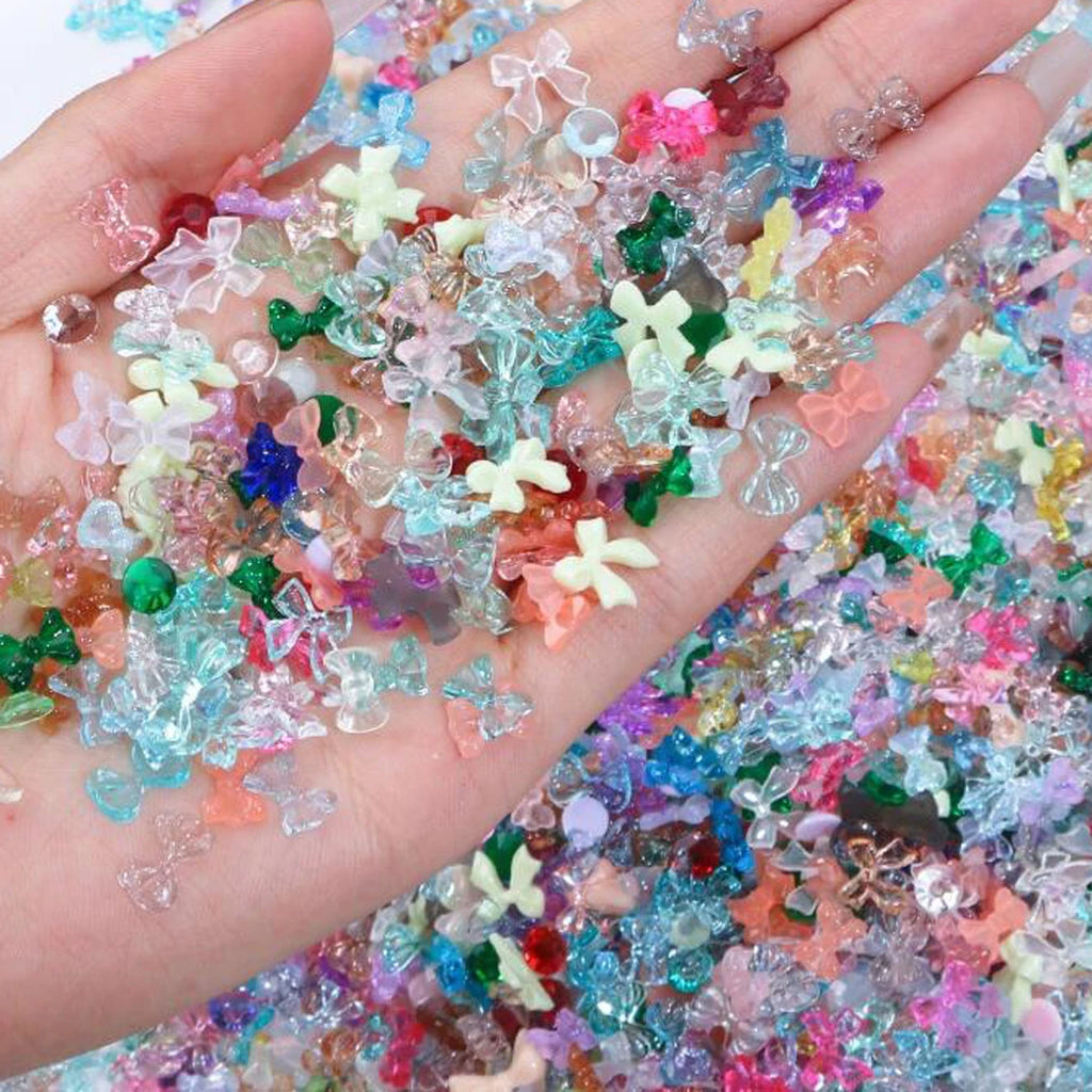 50g 3D Random Mixed Resin Bow/Diamond Nail Art Charms Cartoon Shapes Heart/Flower/Ribbon Rhinestone Cute DIY Manicure Accessory
