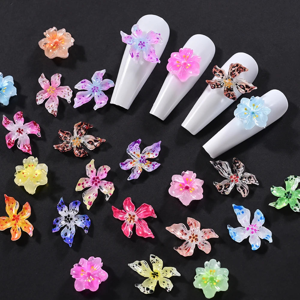 12 Grids 3D Soft Acrylic Lily & Sakura Nail Art Charms Leopard Gradient Spring Blossom Decorations Colorful Manicure Accessories