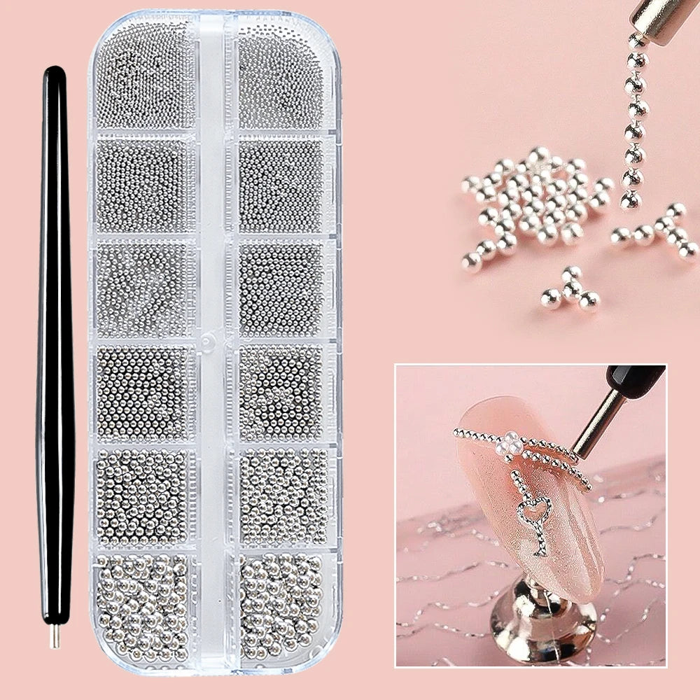 12Grids Gold/Silver Steel Beads Nail Art Charms Christmas Mixed-Size Caviar Bead With 1 Magnetic Pen Manicure Decor Rhinestones