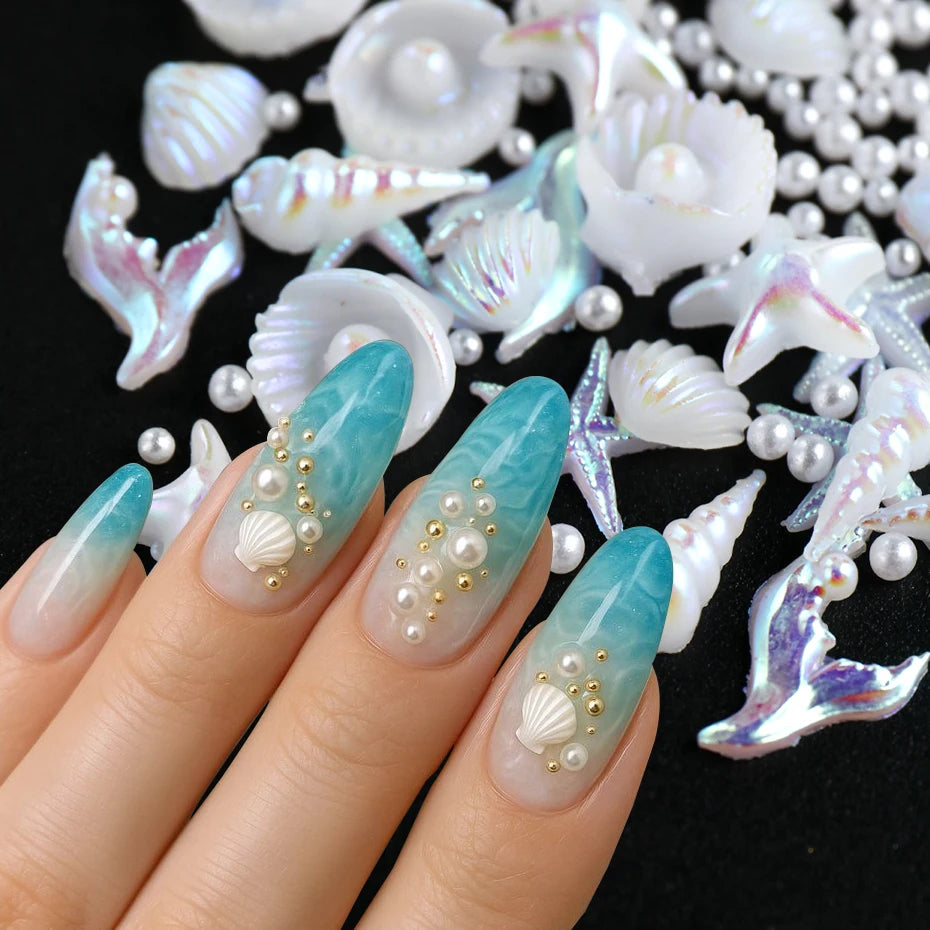 Aurora Ocean Shell Starfish Nail Charms Mini Conch Jellyfish Nail Decoration Mermaid Series Elegant Sea Creature Manicure Access