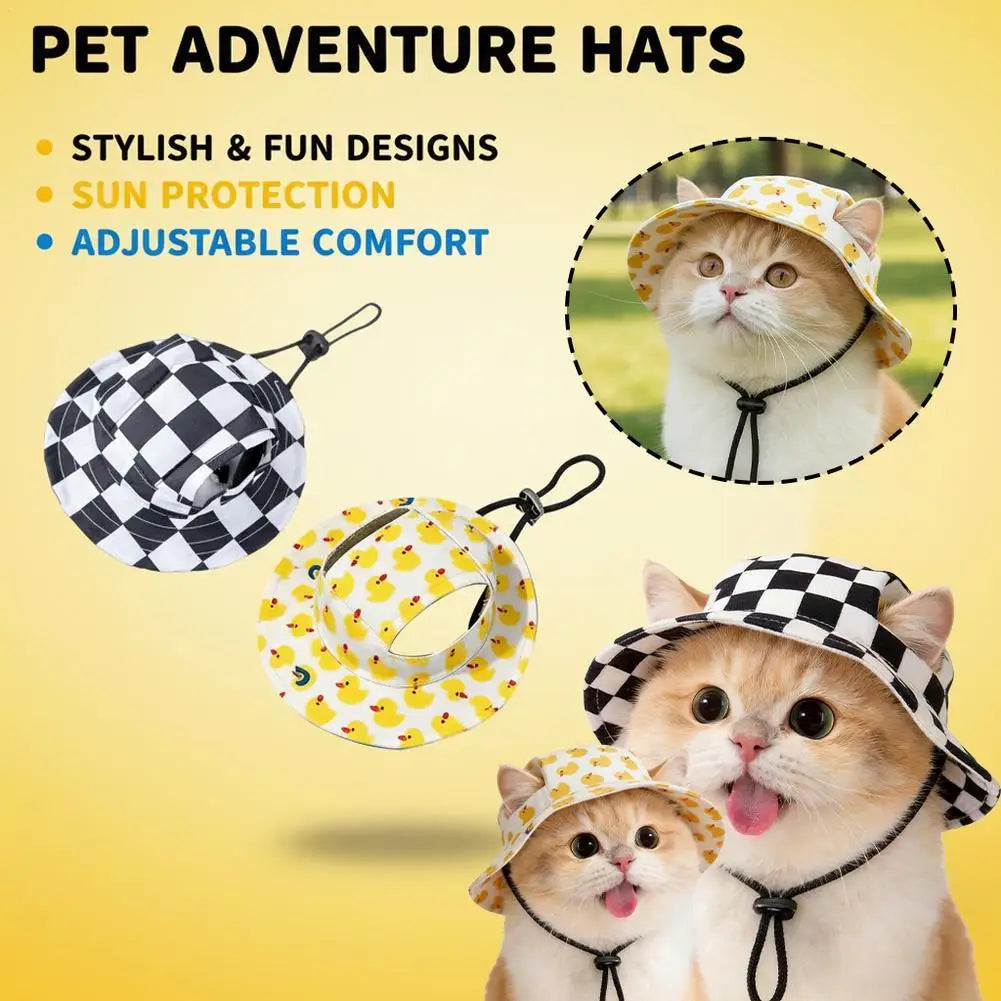 Summer UV Protection Pet Sun Hat Checkered Dog Fisherman Cap with Ear Holes Adjustable Bucket Hats for Small Medium Dogs
