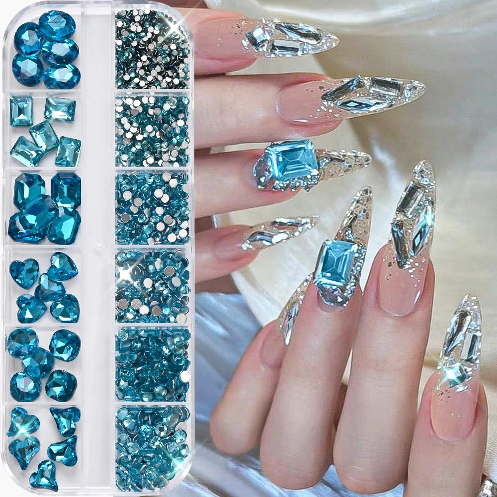 12Grids 3D Lake Blue Mixed Shape Nail Rhinestones Square/Round/Heart Glass Diamond Nail Art Charms Luxury Manicure Jewelry Gems