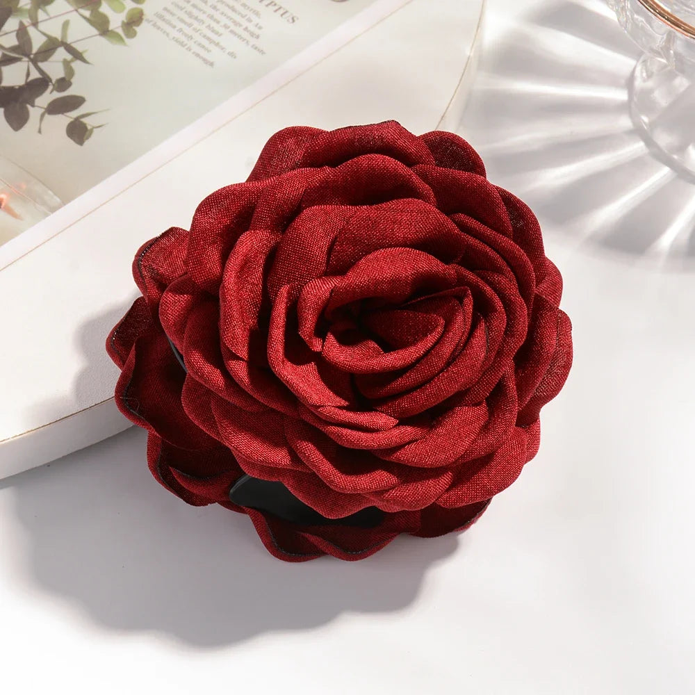 16 Colors Sweat Medium Size Cotton Fabric Rose Flower Hair Claw Clips for Women Korean Ctach Shark Clamp Hair Accessories 2024