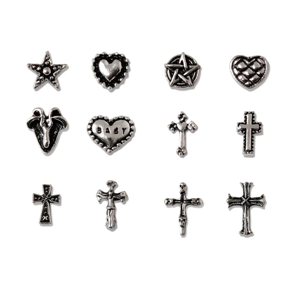 50pcs Mini Alloy Cross Nail Art Charm 3D Small Chrome Ancient Silver Heart Nail Decoration Jewelry Punk Design Nail Accessories
