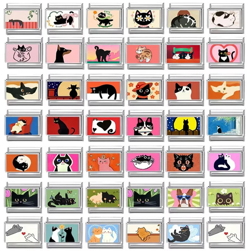 Wholesale 2025 Fashion Cute Black Cat Series Dog Pet Animals Italian Charm Fit 9mm Stainless Steel Women DIY Bracelet Jewelrys
