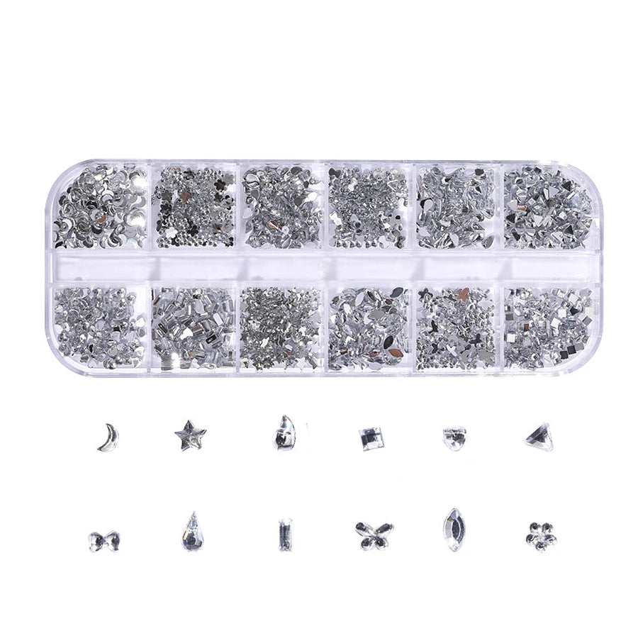 12 Colors Flatback Nail Art Rhinestones Nail Gems Glass AB Clear Crystal Rhinestones Nail Art Charms DIY Manicure Accessories